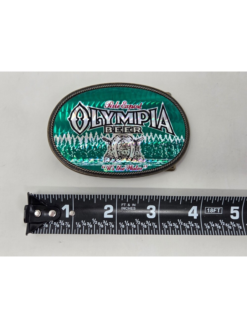 Vintage Olympia Beer Belt Buckle with Green Holographic Logo - Picture 2 of 4